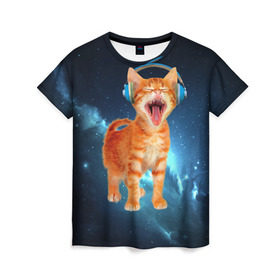 Женская футболка 3D с принтом Котёнок в наушниках в Екатеринбурге, 100% полиэфир ( синтетическое хлопкоподобное полотно) | прямой крой, круглый вырез горловины, длина до линии бедер | кот | кошка | музыка