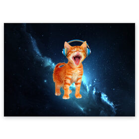 Поздравительная открытка с принтом Котёнок в наушниках в Екатеринбурге, 100% бумага | плотность бумаги 280 г/м2, матовая, на обратной стороне линовка и место для марки
 | кот | кошка | музыка