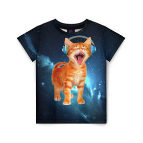 Детская футболка 3D с принтом Котёнок в наушниках в Екатеринбурге, 100% гипоаллергенный полиэфир | прямой крой, круглый вырез горловины, длина до линии бедер, чуть спущенное плечо, ткань немного тянется | Тематика изображения на принте: кот | кошка | музыка