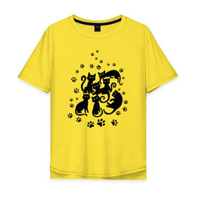 Мужская футболка хлопок Oversize с принтом Чёрные кошки в Екатеринбурге, 100% хлопок | свободный крой, круглый ворот, “спинка” длиннее передней части | Тематика изображения на принте: котята | лапки | силуэты | следы