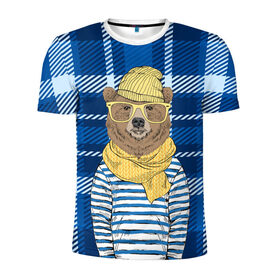 Мужская футболка 3D спортивная с принтом Медведь Хипстер в Екатеринбурге, 100% полиэстер с улучшенными характеристиками | приталенный силуэт, круглая горловина, широкие плечи, сужается к линии бедра | 