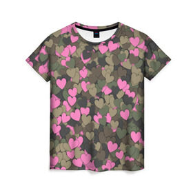 Женская футболка 3D с принтом Какмуфляж с сердечками в Екатеринбурге, 100% полиэфир ( синтетическое хлопкоподобное полотно) | прямой крой, круглый вырез горловины, длина до линии бедер | 14 февраля | день святого валентина | камуфляж | любовь | милитари | паттерн | розовый | сердечко | сердце | хаки