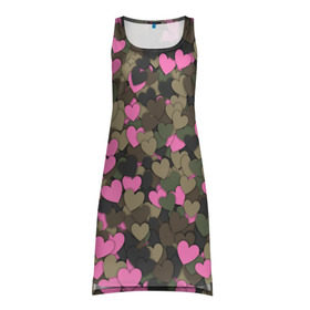 Платье-майка 3D с принтом Какмуфляж с сердечками в Екатеринбурге, 100% полиэстер | полуприлегающий силуэт, широкие бретели, круглый вырез горловины, удлиненный подол сзади. | 14 февраля | день святого валентина | камуфляж | любовь | милитари | паттерн | розовый | сердечко | сердце | хаки