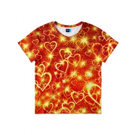 Детская футболка 3D с принтом Яркие сердца в Екатеринбурге, 100% гипоаллергенный полиэфир | прямой крой, круглый вырез горловины, длина до линии бедер, чуть спущенное плечо, ткань немного тянется | Тематика изображения на принте: салют | сердце