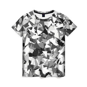 Женская футболка 3D с принтом Городской серый камуфляж в Екатеринбурге, 100% полиэфир ( синтетическое хлопкоподобное полотно) | прямой крой, круглый вырез горловины, длина до линии бедер | армия | геометрический | геометрия | маскировка | милитари | паттерн | текстура | треугольники | чернобелый
