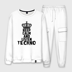 Мужской костюм хлопок с принтом Keep calm and listen Techno в Екатеринбурге, 100% хлопок | на свитшоте круглая горловина, мягкая резинка по низу. Брюки заужены к низу, на них два вида карманов: два “обычных” по бокам и два объемных, с клапанами, расположенные ниже линии бедра. Брюки с мягкой трикотажной резинкой на поясе и по низу штанин. В поясе для дополнительного комфорта — широкие завязки | ebm | edm | hi nrg | techno | габбер | даб | детройт | дип | индастриал | италиан | минимал | музыка | синтипоп | тек хаус | техно | фанк | хард | чикаго хаус | шранц | эйсид | электро | электронная