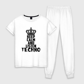 Женская пижама хлопок с принтом Keep calm and listen Techno в Екатеринбурге, 100% хлопок | брюки и футболка прямого кроя, без карманов, на брюках мягкая резинка на поясе и по низу штанин | ebm | edm | hi nrg | techno | габбер | даб | детройт | дип | индастриал | италиан | минимал | музыка | синтипоп | тек хаус | техно | фанк | хард | чикаго хаус | шранц | эйсид | электро | электронная