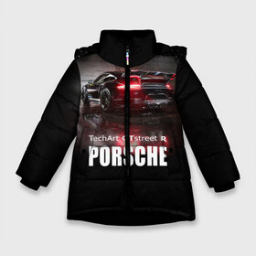 Зимняя куртка для девочек 3D с принтом Porsche GTstreet R в Екатеринбурге, ткань верха — 100% полиэстер; подклад — 100% полиэстер, утеплитель — 100% полиэстер. | длина ниже бедра, удлиненная спинка, воротник стойка и отстегивающийся капюшон. Есть боковые карманы с листочкой на кнопках, утяжки по низу изделия и внутренний карман на молнии. 

Предусмотрены светоотражающий принт на спинке, радужный светоотражающий элемент на пуллере молнии и на резинке для утяжки. | auto | porsche 911 | turbo s | авто | автомобиль | машина | спорткар | суперкар | тачка