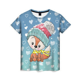 Женская футболка 3D с принтом Лисичка и сердечки в Екатеринбурге, 100% полиэфир ( синтетическое хлопкоподобное полотно) | прямой крой, круглый вырез горловины, длина до линии бедер | Тематика изображения на принте: 14 февраля | день святого валентина | для него | для нее | любовь | подарок любимой | подарок любимому | сердце