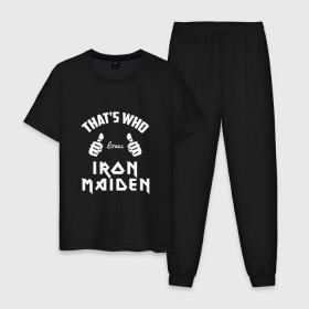 Мужская пижама хлопок с принтом Вот кто любит Iron Maiden в Екатеринбурге, 100% хлопок | брюки и футболка прямого кроя, без карманов, на брюках мягкая резинка на поясе и по низу штанин
 | iron maiden | loves | thats who | this girl | this guy | айран | айрон | большие | группа | дэйв мюррей | железная дева | ирон | клас | класс | кулаки | майден | мейд | мейден | метал | пальцы | рок | руки | стив харрис | хеви