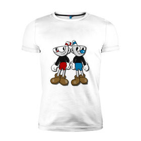Мужская футболка премиум с принтом Cuphead/Mugman в Екатеринбурге, 92% хлопок, 8% лайкра | приталенный силуэт, круглый вырез ворота, длина до линии бедра, короткий рукав | капхед | капхэд | магмен | магмэн | мугмен