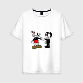 Женская футболка хлопок Oversize с принтом Cuphead Bendy в Екатеринбурге, 100% хлопок | свободный крой, круглый ворот, спущенный рукав, длина до линии бедер
 | Тематика изображения на принте: бенди | бэнди | капхед | капхэд