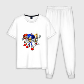 Мужская пижама хлопок с принтом Sonic, Tails & Knuckles в Екатеринбурге, 100% хлопок | брюки и футболка прямого кроя, без карманов, на брюках мягкая резинка на поясе и по низу штанин
 | Тематика изображения на принте: наклз | наклс | соник | тейлз | тейлс