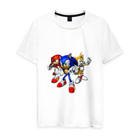 Мужская футболка хлопок с принтом Sonic, Tails & Knuckles в Екатеринбурге, 100% хлопок | прямой крой, круглый вырез горловины, длина до линии бедер, слегка спущенное плечо. | наклз | наклс | соник | тейлз | тейлс