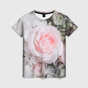 Женская футболка 3D с принтом розы в Екатеринбурге, 100% полиэфир ( синтетическое хлопкоподобное полотно) | прямой крой, круглый вырез горловины, длина до линии бедер | букет | винтаж | зелень | листья | розовые розы | романтика | цветы