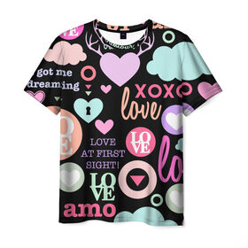 Мужская футболка 3D с принтом Любовь на разных языках в Екатеринбурге, 100% полиэфир | прямой крой, круглый вырез горловины, длина до линии бедер | 14 | love | валентин | губы | день | любовь | подарок | поцелуй | сердце | страсть | февраль