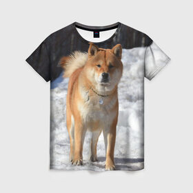 Женская футболка 3D с принтом Акита-ину в Екатеринбурге, 100% полиэфир ( синтетическое хлопкоподобное полотно) | прямой крой, круглый вырез горловины, длина до линии бедер | акита | животное | животные | ину | овчарка | пес | песик | псы | сиба | собака | собаки | шиба