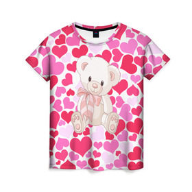 Женская футболка 3D с принтом Белый Мишка в Екатеринбурге, 100% полиэфир ( синтетическое хлопкоподобное полотно) | прямой крой, круглый вырез горловины, длина до линии бедер | 14 февраля | bear | love | teddy | абстракция | арт | девушкам | день всех влюбленных | день святого валентина | животные | медведь | милые | мишка | сердечки | тедди