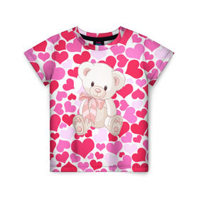 Детская футболка 3D с принтом Белый Мишка в Екатеринбурге, 100% гипоаллергенный полиэфир | прямой крой, круглый вырез горловины, длина до линии бедер, чуть спущенное плечо, ткань немного тянется | 14 февраля | bear | love | teddy | абстракция | арт | девушкам | день всех влюбленных | день святого валентина | животные | медведь | милые | мишка | сердечки | тедди