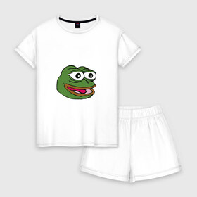 Женская пижама с шортиками хлопок с принтом Pepe frog в Екатеринбурге, 100% хлопок | футболка прямого кроя, шорты свободные с широкой мягкой резинкой | meme pepe мем прикол лягушка