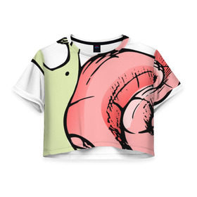 Женская футболка 3D укороченная с принтом Гламурная улитка в Екатеринбурге, 100% полиэстер | круглая горловина, длина футболки до линии талии, рукава с отворотами | Тематика изображения на принте: гламурная | животные | прикольная | улитка