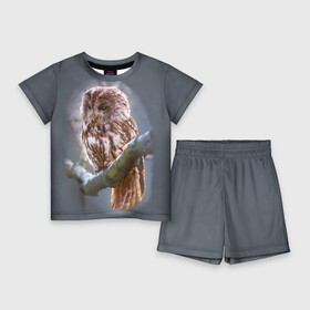 Детский костюм с шортами 3D с принтом Сова в Екатеринбурге,  |  | Тематика изображения на принте: owl | ветка | ночной хищник | птица | птичка | серый | сова | хищная птица | хищник