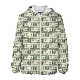 Мужская куртка 3D с принтом Доллары в Екатеринбурге, ткань верха — 100% полиэстер, подклад — флис | прямой крой, подол и капюшон оформлены резинкой с фиксаторами, два кармана без застежек по бокам, один большой потайной карман на груди. Карман на груди застегивается на липучку | Тематика изображения на принте: dollars | money | usa | деньги | доллар | паттерн | сша