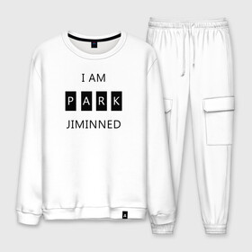 Мужской костюм хлопок с принтом BTS I am Park Jiminned в Екатеринбурге, 100% хлопок | на свитшоте круглая горловина, мягкая резинка по низу. Брюки заужены к низу, на них два вида карманов: два “обычных” по бокам и два объемных, с клапанами, расположенные ниже линии бедра. Брюки с мягкой трикотажной резинкой на поясе и по низу штанин. В поясе для дополнительного комфорта — широкие завязки | Тематика изображения на принте: bangtan | bangtan boys | bangtan sonyeondan | bts | bts jimin | jimin | k pop | park jimin | арми | бантан | бтс | бтс арми | бтс чимин | к поп | кей поп | пак чимин | чимин