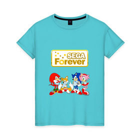 Женская футболка хлопок с принтом Sega Forever в Екатеринбурге, 100% хлопок | прямой крой, круглый вырез горловины, длина до линии бедер, слегка спущенное плечо | knuckles | sonic | tails | наклз | сега | соник | тейлз