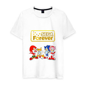 Мужская футболка хлопок с принтом Sega Forever в Екатеринбурге, 100% хлопок | прямой крой, круглый вырез горловины, длина до линии бедер, слегка спущенное плечо. | knuckles | sonic | tails | наклз | сега | соник | тейлз