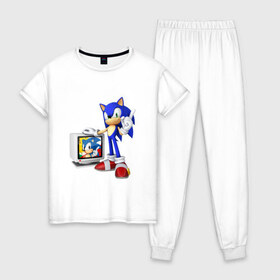 Женская пижама хлопок с принтом Sonic в Екатеринбурге, 100% хлопок | брюки и футболка прямого кроя, без карманов, на брюках мягкая резинка на поясе и по низу штанин | sega | сега | соник