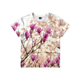 Детская футболка 3D с принтом Сакура в Екатеринбурге, 100% гипоаллергенный полиэфир | прямой крой, круглый вырез горловины, длина до линии бедер, чуть спущенное плечо, ткань немного тянется | деревья | красота | небо | природа | сакура | цветение | цветы | япония
