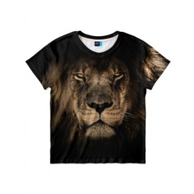 Детская футболка 3D с принтом Лев в Екатеринбурге, 100% гипоаллергенный полиэфир | прямой крой, круглый вырез горловины, длина до линии бедер, чуть спущенное плечо, ткань немного тянется | животные | кошка | лев | мордочка | природа | тигр | хищник