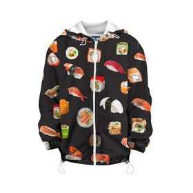 Детская куртка 3D с принтом Суши в Екатеринбурге, 100% полиэстер | застежка — молния, подол и капюшон оформлены резинкой с фиксаторами, по бокам — два кармана без застежек, один потайной карман на груди, плотность верхнего слоя — 90 г/м2; плотность флисового подклада — 260 г/м2 | Тематика изображения на принте: food | rolls | sushi | tokyo | еда | роллы | суши | токио