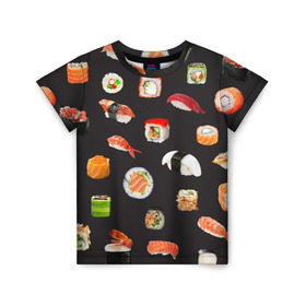 Детская футболка 3D с принтом Суши в Екатеринбурге, 100% гипоаллергенный полиэфир | прямой крой, круглый вырез горловины, длина до линии бедер, чуть спущенное плечо, ткань немного тянется | food | rolls | sushi | tokyo | еда | роллы | суши | токио
