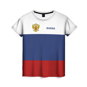 Женская футболка 3D с принтом Россия Триколор в Екатеринбурге, 100% полиэфир ( синтетическое хлопкоподобное полотно) | прямой крой, круглый вырез горловины, длина до линии бедер | russia | герб | орел | патриот | российский | россия | русский | символика | триколор | флаг
