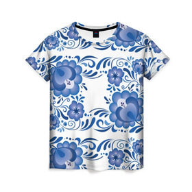 Женская футболка 3D с принтом Гжель в Екатеринбурге, 100% полиэфир ( синтетическое хлопкоподобное полотно) | прямой крой, круглый вырез горловины, длина до линии бедер | гжель | текстура | узор | цветы