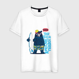 Мужская футболка хлопок с принтом Медведь в Екатеринбурге, 100% хлопок | прямой крой, круглый вырез горловины, длина до линии бедер, слегка спущенное плечо. | каникулы | лето | медведи | медведь | море | отдых | отпуск | пляж | с медведем | серф | серфинг