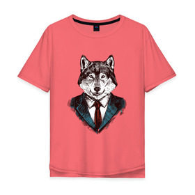 Мужская футболка хлопок Oversize с принтом Волк Бизнесмен в Екатеринбурге, 100% хлопок | свободный крой, круглый ворот, “спинка” длиннее передней части | Тематика изображения на принте: бизнес | бизнесмен | волк | волк в костюме | волк с уолл стрит | волки | дикий