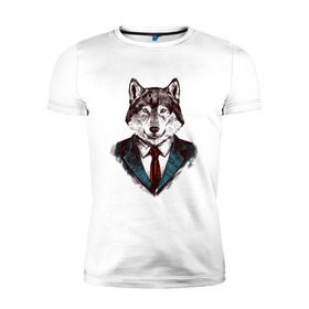 Мужская футболка премиум с принтом Волк Бизнесмен в Екатеринбурге, 92% хлопок, 8% лайкра | приталенный силуэт, круглый вырез ворота, длина до линии бедра, короткий рукав | бизнес | бизнесмен | волк | волк в костюме | волк с уолл стрит | волки | дикий