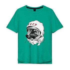 Мужская футболка хлопок Oversize с принтом Собака в космосе в Екатеринбурге, 100% хлопок | свободный крой, круглый ворот, “спинка” длиннее передней части | белка и стрелка | космос | собака | ссср