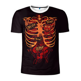 Мужская футболка 3D спортивная с принтом Человеческий скелет в Екатеринбурге, 100% полиэстер с улучшенными характеристиками | приталенный силуэт, круглая горловина, широкие плечи, сужается к линии бедра | Тематика изображения на принте: 3d скелет | кости | легкие | органы | ребра | сердце | скелет | человек