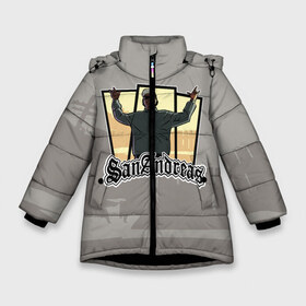 Зимняя куртка для девочек 3D с принтом GTA SA - Райдер v2 в Екатеринбурге, ткань верха — 100% полиэстер; подклад — 100% полиэстер, утеплитель — 100% полиэстер. | длина ниже бедра, удлиненная спинка, воротник стойка и отстегивающийся капюшон. Есть боковые карманы с листочкой на кнопках, утяжки по низу изделия и внутренний карман на молнии. 

Предусмотрены светоотражающий принт на спинке, радужный светоотражающий элемент на пуллере молнии и на резинке для утяжки. | Тематика изображения на принте: carl johnson | grand theft auto | gta | los santos | sa | san andreas | гта