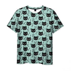 Мужская футболка 3D с принтом Хипстер коты в Екатеринбурге, 100% полиэфир | прямой крой, круглый вырез горловины, длина до линии бедер | cat | cat heads | felix | hipster | kitty | голова животного | голова кота | кот | котенок | котик | коты | кошка | милые котятки | с котами | треугольники | усатый полосатый | хипстер | черный кот
