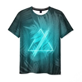 Мужская футболка 3D с принтом Neon light blue в Екатеринбурге, 100% полиэфир | прямой крой, круглый вырез горловины, длина до линии бедер | Тематика изображения на принте: неон | папоротник | треугольник