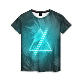 Женская футболка 3D с принтом Neon light blue в Екатеринбурге, 100% полиэфир ( синтетическое хлопкоподобное полотно) | прямой крой, круглый вырез горловины, длина до линии бедер | неон | папоротник | треугольник
