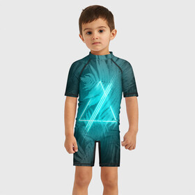 Детский купальный костюм 3D с принтом Neon light blue в Екатеринбурге, Полиэстер 85%, Спандекс 15% | застежка на молнии на спине | неон | папоротник | треугольник