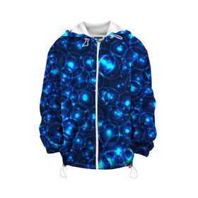 Детская куртка 3D с принтом Пузырчатый абстракт в Екатеринбурге, 100% полиэстер | застежка — молния, подол и капюшон оформлены резинкой с фиксаторами, по бокам — два кармана без застежек, один потайной карман на груди, плотность верхнего слоя — 90 г/м2; плотность флисового подклада — 260 г/м2 | абстракт | огоньки | пузыри | синий