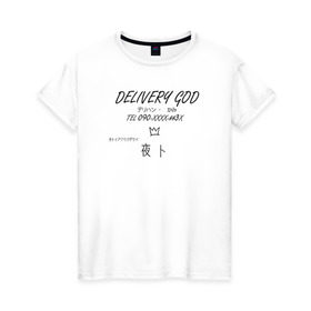 Женская футболка хлопок с принтом Delivery God в Екатеринбурге, 100% хлопок | прямой крой, круглый вырез горловины, длина до линии бедер, слегка спущенное плечо | Тематика изображения на принте: anime | noragami | аниме | бездомный бог | норагами