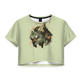 Женская футболка 3D укороченная с принтом Бульбазавр в Екатеринбурге, 100% полиэстер | круглая горловина, длина футболки до линии талии, рукава с отворотами | pocket monster | pokemon | аниме | изба | избушка | кичум | пикачу | эш